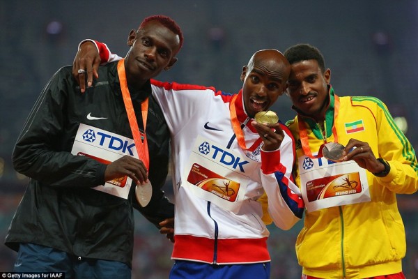 Mo Farah, middle, at the Beijing championships