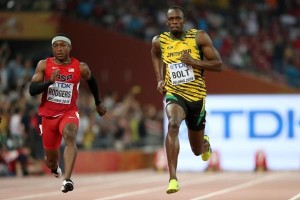 Usain Bolt, easing to the finish line. Photo IAAF