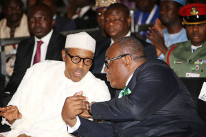 President Muhammadu Buhari chats with the President of Nigerian Bar Association (NBA), Mr Augustine Alegeh SAN during the opening of the body’s 55th Annual General Conference held at the International Conference Centre in Abuja. PHOTO; SUNDAY AGHAEZE.