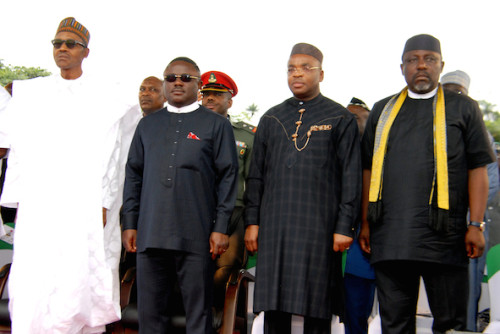 President Buhari with Ayade, Emmanuel Udom of Akwa Ibom state and Governor Rochas Okorochi of Imo state