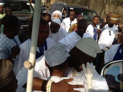 Alaafin Adeyemi, backing the camera, and Ooni of Ife, Oba Ogunwusi embrace