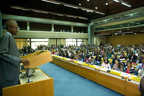 Buhari making an address in Kenya