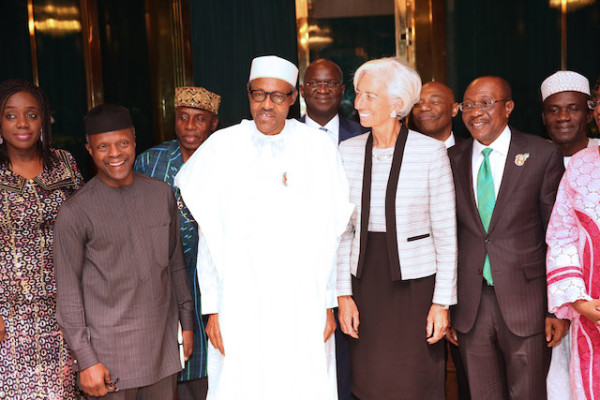 Buhari's economic team with Lagarde. Photo Sunday Aghaeze