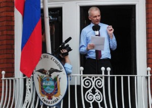 Wikileaks founder Julian Assange at the balcony of the Ecuadorian Embassy in London on August 19, 2012,