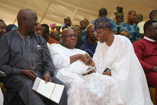 Lai Mohammed greets Obasanjo . With them is SFG Babachir Lawal, representing President Buhari