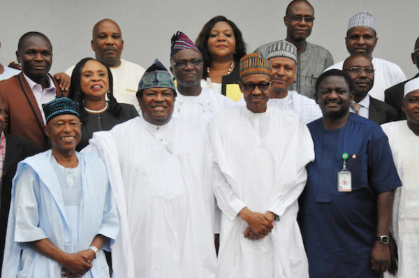 R-L: SA on Media to the President Mr. Femi Adesina, President Muhammadu Buhari, and Publisher/EDITOR-IN Chief Thisday and President NPAN, Mr Nduka Obaigbena, Publisher of Vanguard Ltd, Mr Sam Amuka