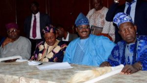 From left, Oyo SSG, Olalekan Alli,Alaafin of Oyo, Oba Lamidi Adeyemi, Governor Ajimobi, and Olubadan of Ibadanland, Oba Saliu Adetunji, at the meeting