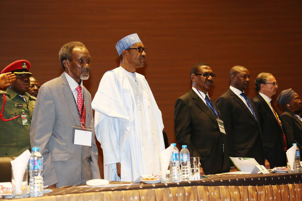 L-R; Chief of Nigeria, Hon Justice Mahmud Mohammed, President Muhammadu Buhari, Chairman of the Presidential Advisory Committee on Corruption, Professor Itse Sagay, Minister of Justice and Attorney General of the Federation, Mr Abubakar Malami, President Commonwealth Judges and Magistrate Association Canada, Justice John Vertes others to the opening of a workshop on the Role of Judges in the fight against corruption organised by Presidential Advisory Committee Against Corruption, European Union, Commonwealth Secretariats, United Nations on Drugs and Crime and National Judicial Institute held at the institute in Abuja. PHOTO: By SUNDAY AGHAEZE. July 18, 2016,