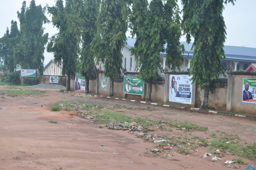Different campaign banners of the PDP candidate, "Pastor" Osagie Ize-Iyamu line the wall of the Church.