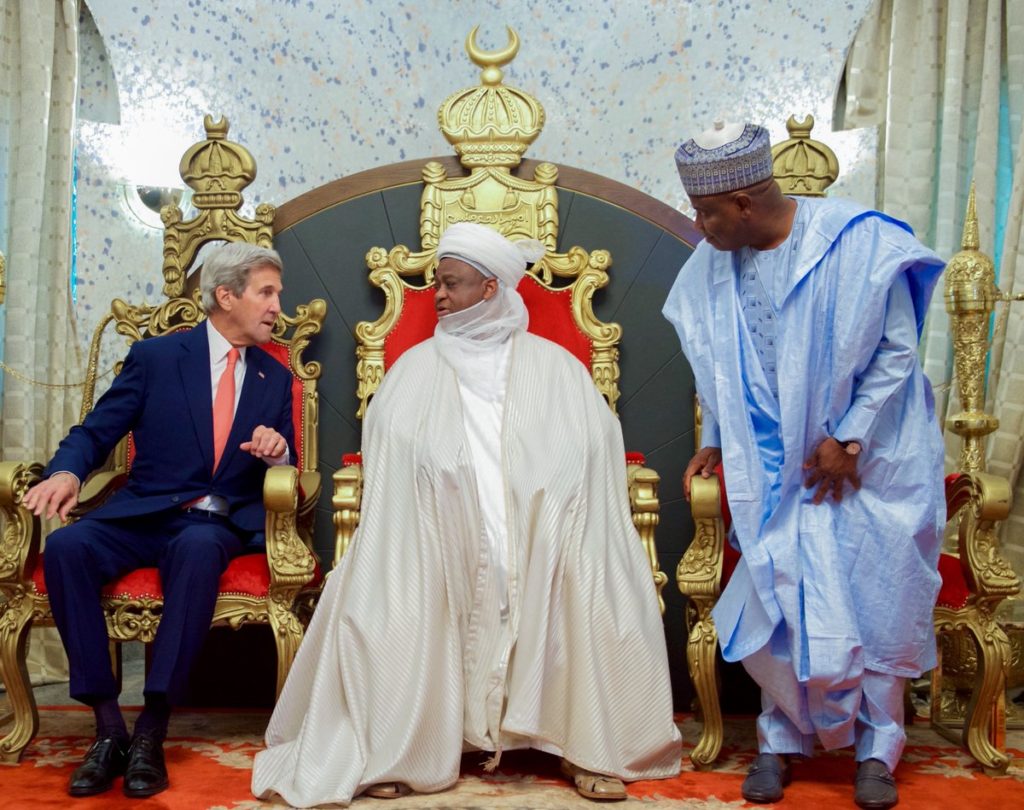 Kerry (left) Sultan and Gov. Tambuwal during earlier visit to Sokoto by the U.S Secretary of State
