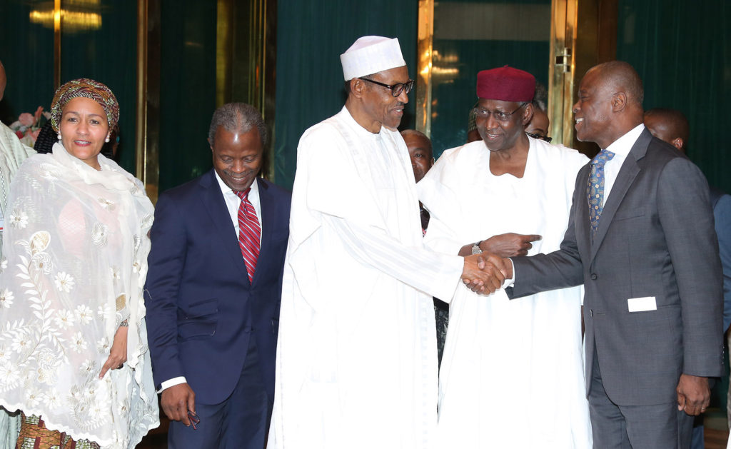 PRESIDENT BUHARI INAUGURATES GC AND BOT OF OGONI CLEAN-UP 3A. R-L; Chairman of the Newly Inaugurated Board of Trustee of Ogoni Clean-UP, Mr. Wale Edun, Chief of Staff, Malamm Abba Kyari, President Muhammadu Buhari, Vice President Prof Yemi Osinbajo, Chair Person Governing Council of Ogoni Clean-Up and Minister of Environment, Hajiya Amina Mohammed after the inauguration of the Governing Council and Board of Trustees for the Ogoni Clean-up at the State House in Abuja. PHOTO; SUNDAY AGHAEZE/STATE HOUSE. AUGUST 4 2016.
