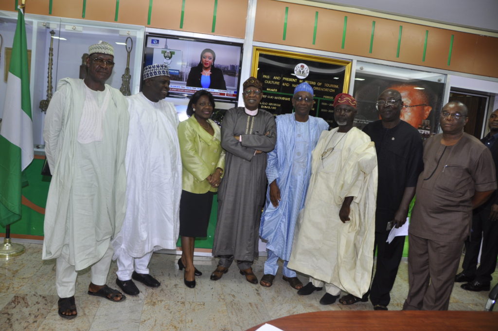Hon Minister of Information and Culture Alhaji Lai Mohammed, Permanent Secretary in the Ministry Mrs Ayotunde Adesugba with members of the Association of Tourism Practitioners of Nigeria (ATPN) who paid the Minister a courtesy visit in his office in Abuja on Thursday 