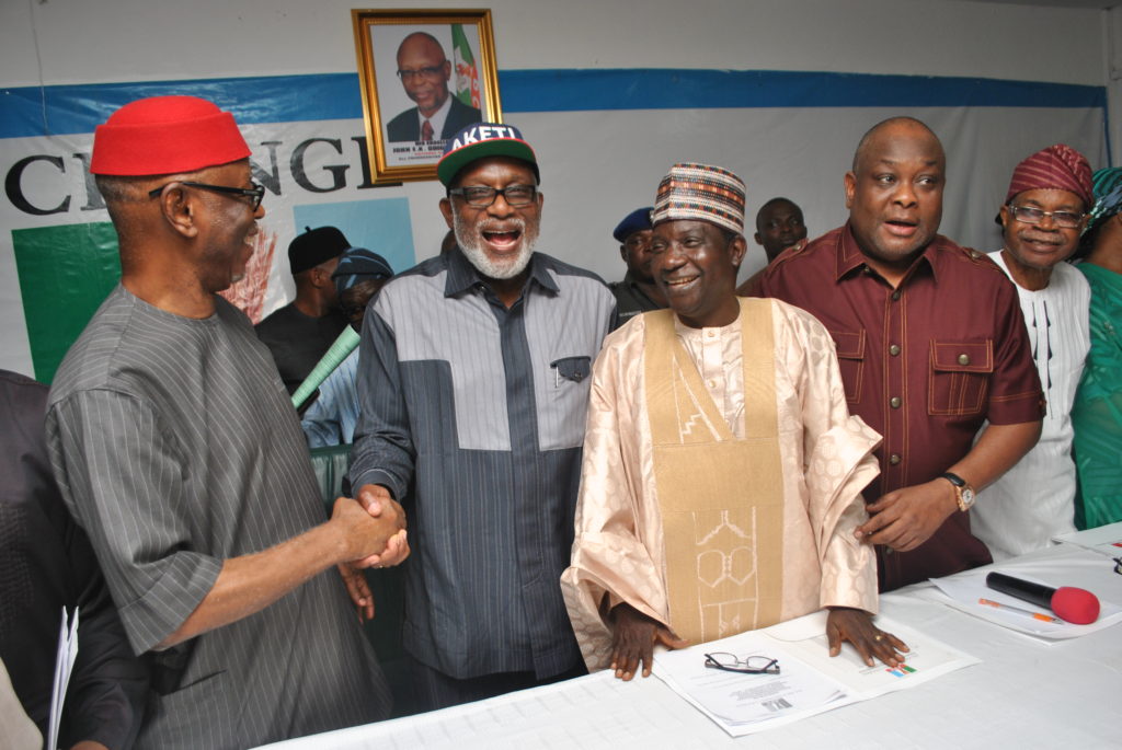DSC_0317: (L-R) National Chairman of the All Progressives Congress (APC), Chief John Odigie-Oyegun; Ondo state APC governorship candidate, Chief Rotimi Akeredolu, SAN; Chairman of the APC National Campaign Council for the Ondo state 2016 governorship election and Plateau state governor, Rt. Hon. Simon Lalong; APC National Organising Secretary, Senator Osita Izunaso and APC National Vice Chairman (South-West), Chief Pius Akinyelure during the inauguration of the 50-member Campaign Council at the Party’s National Secretariat in Abuja on Thursday