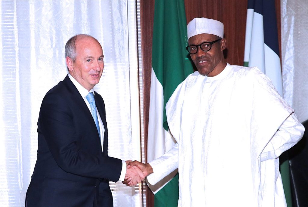 President Buhari at the meeting with Mr. Andrew Brown, the Director, Global Upstream of Shell Oil Company at the State House, Abuja.