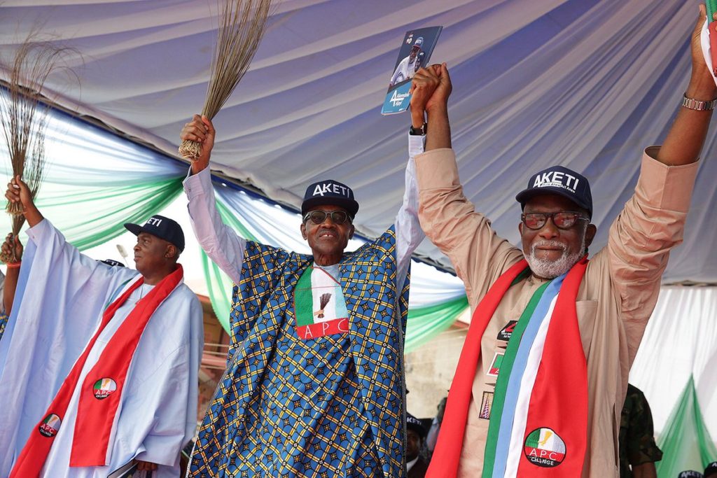 President Buhari, Senate President Bukola Saraki and Akredolu at APC grand rally for Ondo election scheduled for next Saturday