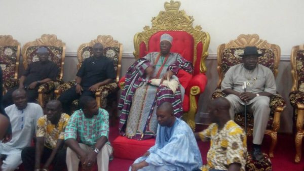 R-L: Governor Dickson, Ewi of Ado-Ekiti, Gov. Fayose and Prince Adeyeye at the Palace of the Ewi of Ado-Ekiti.jpg