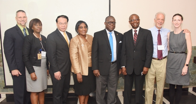 L-R: Crime Scene Investigator, Lake County Crime Laboratory, USA, Mr. David Green; Solicitor General/Permanent Secretary, Lagos State Ministry of Justice, Mrs. Funlola Adesola Odunlami; Managing Partner & Forensic Biologist, Guardian Forensic Sciences, USA, Mr. Arthur Young; Justice Modupe Nicol Clay; Attorney General & Commissioner for Justice, Mr. Adeniji Kazeem; President & Chief Scientific Officer, ITSI – Biosciences, USA, Dr. Richard Somiari; Attorney & Forensic Consultant, ITSI – Biosciences, USA, Mr. Rockne Harmon and Manager, Forensic Sciences, ITSI – Biosciences, USA, Ashley Carter during a 3-Day Lagos Forensic Symposium organised by the State Ministry of Justice and ITSI – Biosciences, USA, at De Renaissance Hotel, Ikeja, Lagos, on Tuesday, November 15, 2016.