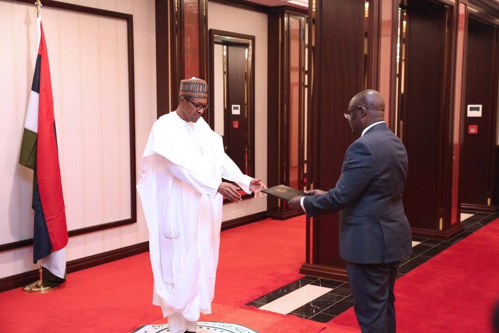 President Buhari receiving Letter of Credence of the Ambassador of the Republic of South Sudan, Mr Paul Malong Akaro, at the State House