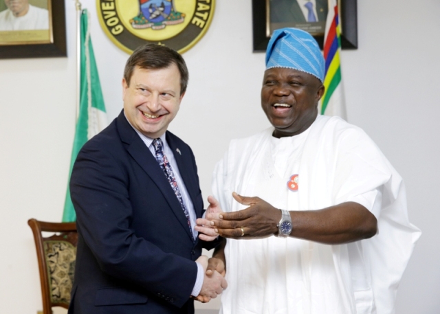 Lagos State Governor, Mr. Akinwunmi Ambode (right), with British High Commissioner, Mr. Paul Arkwright during a courtesy call on the Governor at the Lagos House, Ikeja, on Friday, January 13, 2017.