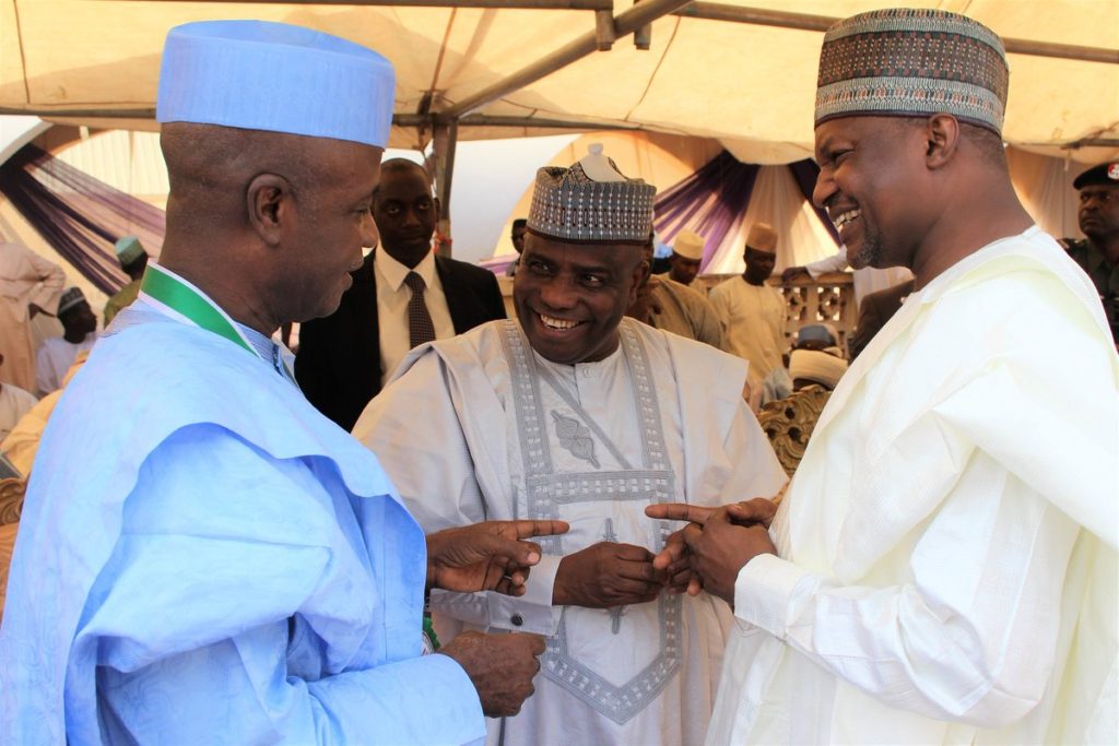 Sen Wamakko, Gov Tambuwal with the AGF and Minister of Justice, Abubakar Malami SAN at Gwandu Emirate award investiture in Birnin Kebbi