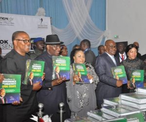 L-R: 2019 PDP Vice Presidential Candidate and Former Anambra State Governor, Peter Obi, Former President Goodluck Jonathan, his wife, Dame Patience Jonathan, Rivers State Governor, Nyesom Ezenwo Wike and his wife, Justice Eberechi Suzzette Nyesom-Wike at a Lecture/Book Presentation to mark the Second Term Inauguration of Rivers State Governor, Nyesom Ezenwo Wike in Port Harcourt on Monday