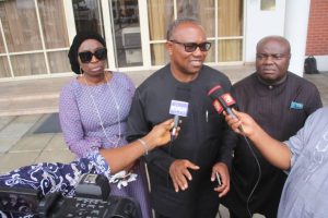 Former Anambra State Governor, Peter Obi (m) , Senator Uche Ekwunife (l) and Senator-elect Sandy Onoh in an interview with journalists after the book presentation on Governor Wike in Port Harcourt on Monday