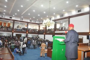 Rivers State Governor, Nyesom Ezenwo Wike proclaiming the 9th Rivers State House of Assembly at the Assembly Complex, Port Harcourt on Monday.
