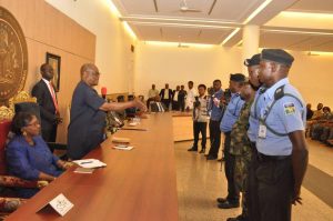 Photo Captions; Pictures: Rivers State Governor, Nyesom Ezenwo Wike publicly appreciating Four Security Personnel working at Ahoada East and West at the Government House Port Harcourt on Monday