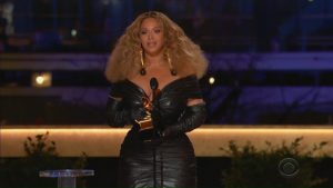 Beyonce wins the Grammy for Best R&B Performance for “Black Parade” in this screen grab taken from video of the 63rd Annual Grammy Awards in Los Angeles, California, U.S., March 14, 2021. CBS/Handout via REUTERS