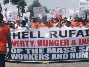 NLC members in procession during their rally in Kaduna on Monday