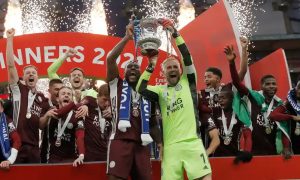 Leicester City celebrate victory over Chelsea in FA Cup final at London’s Wembley Stadium.