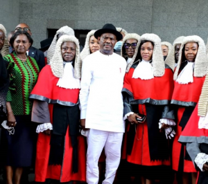 L-R: Deputy Governor of Rivers State, Dr. (Mrs.) Ipalibo Harry-Banigo; Justice Simeon. C. Amadi, Governor of Rivers State, Nyesom Ezenwo Wike, Justice Eberechi Suzzette Nyesom Ezenwo and Chief Judge of Rivers State, Hon. Justice Adama Iyayi-Lamikanra, during a valedictory ceremony in honour of Justice Iyayi-Lamikanra in Port Harcourt on Tuesday.