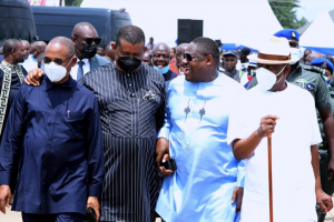 L-R: Former Governor of Rivers State, Sir Celestine Omehia; Senator Lee Maeba, former Deputy Governor of Rivers State, Tele Ikuru and Governor of Rivers State, Nyesom Ezenwo Wike during the flag off of Aluu-Omagwa Road on Saturday.