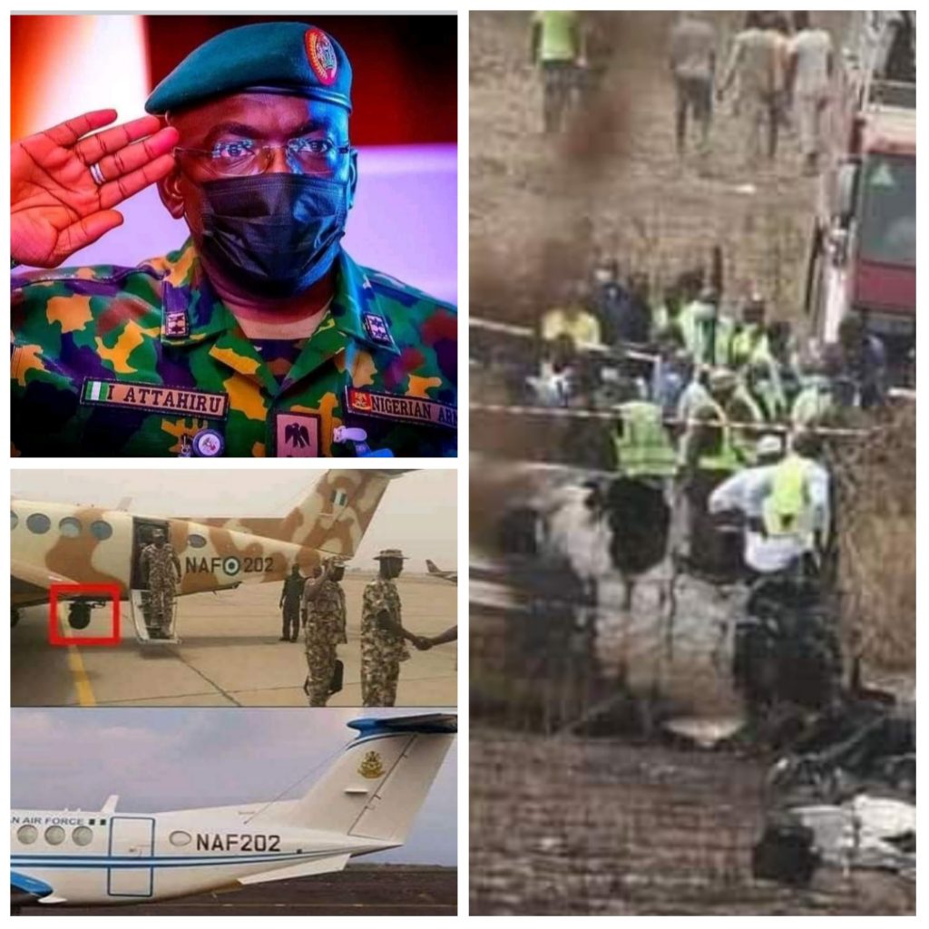 General Attahiru, left; the crash site, right and the plane brand in NAF fleet