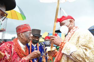 Governor of Rivers State, Nyesom Ezenwo Wike (right) being conferred with the title: Mene Kwalenu 1st of Ogoni, (a benevolent king), by the President of Supreme Council of Ogoni Traditional Rulers, His Royal Majesty, King G.N.K Giniwa, during a grand reception in honour of the Governor in Bori on Saturday.