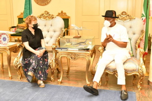 Governor of Rivers State, Nyesom Ezenwo Wike (right) and the British High Commissioner to Nigeria, Her Excellency Catriona Laing, during the latter's courtesy call at the Government House, Port Harcourt on Tuesday.