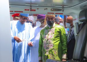 L-R: President Muhammadu Buhari; Minister of Transportation, Rt. Hon. Rotimi Amaechi and Director General, Nigerian Maritime Administration and Safety Agency (NIMASA) Dr. Bashir Jamoh inspecting one of the Deep Blue Assets during the official launch of the Deep Blue Project in Lagos on Thursday, June 10, 2021.