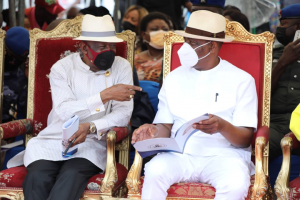 Governor of Rivers State, Nyesom Ezenwo Wike (right) and member representing Port Harcourt federal constituency 1, Hon. Kenneth Anayo Chikere during the flag off of dualisation of Ogbum-nu-Abali/Eastern By Pass Road, Port Harcourt on Tuesday.