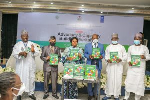 L-R: Dr. Simon B. Harry, Director, Corporate Planning and Technical Coordination, National Bureau of Statistics; Dr Amarakoon Bandara, Senior Economic Advisor at UNDP; H.E. Adejoke Orelope-Adefulire. Senior Special Assistant to the President on Sustainable Development Goals; Mr. Edward Kallon, United Nations Resident and Humanitarian Coordinator in Nigeria; Engr. Ahmad Kawu, Secretary of Programme, Office of the Senior Special Assistant to the President on Sustainable Development Goals; and Hon. Mukadam Asiwaju Asiru Idris, Kogi State Commissioner of Finance, Budget and Economic Planning, at the Launch in Abuja
