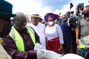 L-R: Chairman of Greater Port Harcourt Development Authority, Chief Ferdinand Anabraba; Governor of Rivers State, Nyesom Ezenwo Wike (middle) and Deputy Governor of Rivers State, Dr. (Mrs) Ipalibo Harry-Banigo during the flag off of Trans-Kalabari Road Central Group Segment Alignment E, Phase 1 at Degema on Thursday.