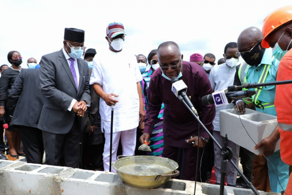 L-R: Pro-Chancellor of the Rivers State University, Hon. Iche Ndu; Governor of Rivers State, Nyesom Ezenwo Wike and former Vice Chancellor of the University of Port Harcourt, Prof Don Baridam, during the groundbreaking of the Etche campus of the Rivers State University at Abara-Etche on Tuesday.