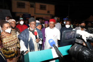 L-R: Deputy Governor of Rivers State, Dr. (Mrs) Ipalibo Harry-Banigo, Chairman of the Board of Trustees (BoT) of the PDP, Senator Walid Jubril and Governor of Rivers State, Nyesom Ezenwo Wike during the inauguration of nine reconstructed streets in Old GRA, Port Harcourt on Thursday night.