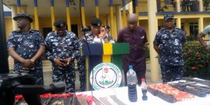 Rivers Police Commissioner, Eboka Friday speaking during parade of the suspects
