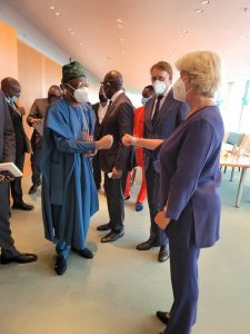 The Minister of Information and Culture, Alhaji Lai Mohammed (left), greets the German Minister of State for Culture, Prof. Moniker Grutters, during a meeting on the repatriation of looted Benin Bronzes to Nigeria, in Berlin, Germany, on Wednesday.