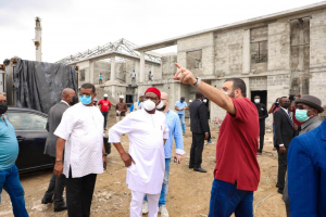 Governor of Rivers State Nyesom Ezenwo Wike (middle) during inspection of the ongoing civil construction work at the official residential quarters of lawmakers of the Rivers State House of Assembly in Port Harcourt on Friday.