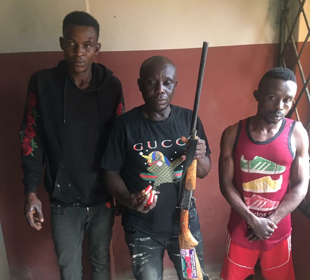 The 30-year-old member of the Edo State Vigilante group, Evans Osariemen, (Centre) and his accomplices: They were arrested arrested for allegedly conspiring to kidnap a couple, Sunday and Patience Onofua.