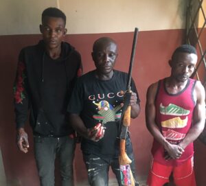 The 30-year-old member of the Edo State Vigilante group, Evans Osariemen, (Centre) and his accomplices: They were arrested arrested for allegedly conspiring to kidnap a couple, Sunday and Patience Onofua.