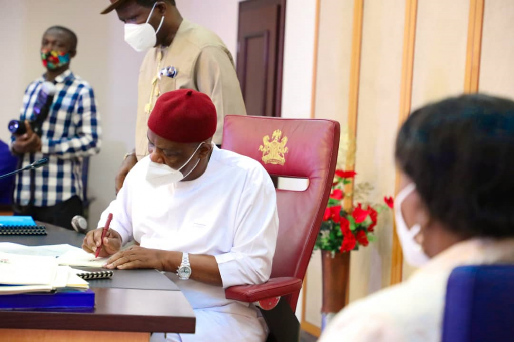 Governor of Rivers State, Nyesom Ezenwo Wike signing into law bills on VAT collection, Open Grazing prohibition and others at the Government House, Port Harcourt on Thursday.