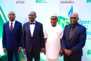 Governor of Rivers State, Nyesom Ezenwo WIke (2nd right); Governor of Edo State, Godwin Obaseki (2nd left); the new NLNG Managing Director , Dr. Philip Mshelbila (left) former NLNG Managing Director, Tony Attah (right) during the latter's sent off ceremony at NLNG corporate headquarters in Port Harcourt on Saturday.