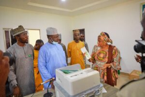 Dr. Saratu Binta Dikko-Audu, chairman of KADSIECOM, at an event to present the upgraded electronic voting machines for the 2021 local government elections.